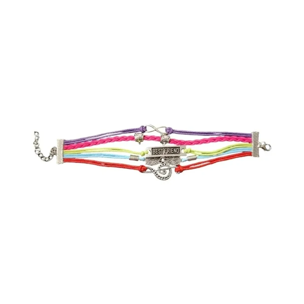 Best Friend & Music & Owl & Infinity Charm Faux Leather Multi-layered Bracelet